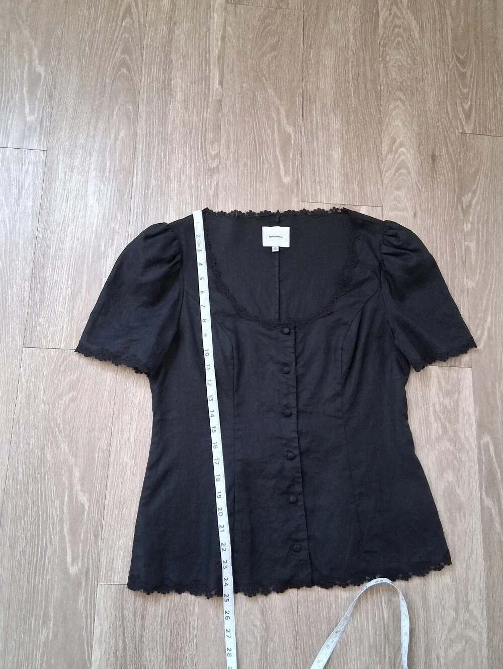 Reformation Anabella Black Linen Blouse Milkmaid Lace Parisian